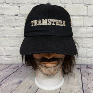 Vintage Hat Cap Strap Back Black Brown Mesh Teamsters 362 Embroidered Logo Union